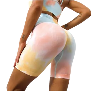 高弾性絞り染めシームレススマイリーヨガパンツスポーツランニングフィットネス女性ショーツの明るい色