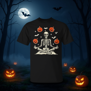 Camiseta de Halloween con diseño de esqueleto, color negro, talla mediana, diseño de calabazas y murciélagos en pose de yoga - Product Image 3