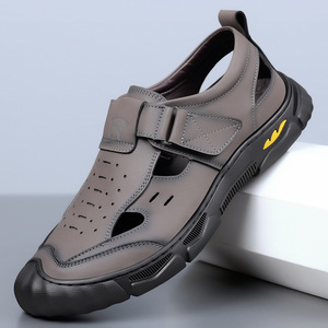 New Arrival Men's Hook and Loop Closed Toe Leather <b>Sandals</b> Hand Sewn Hollow Breathable Casual Summer <b>Sandals</b> - Product Image 4