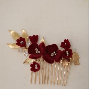Retro <strong>Burgundy</strong> New Bride Headdress Ancient Style <strong>Hair</strong> <strong>Accessories</strong> Elegant Flowers <strong>Hair</strong> Comb <strong>Hair</strong> Clip Earrings Set - Product Image 3