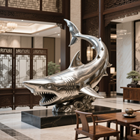 Statues de sculpture de requin en acier inoxydable modernes sur mesure grand artisanat en métal poli pour décor de piscine