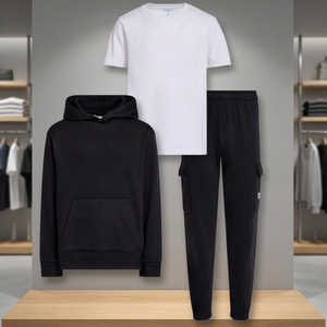 Ensemble de survêtement décontracté pour garçons : sweat à capuche noir, t-shirt blanc, pantalon cargo noir, couleur unie, coton mi-lourd, vêtements d'automne - Product Image 2