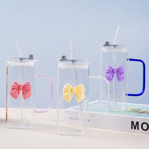 Gobelet en <span class=keywords><strong>verre</strong></span> carré borosilicate Beeman 350ml poignée et couvercle <span class=keywords><strong>de</strong></span> couleur créative avec paille transparente verres <span class=keywords><strong>de</strong></span> qualité supérieure - Product Image 1