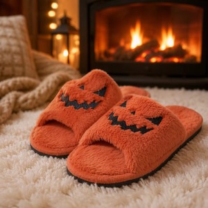 Ladies' <b>Halloween</b> Plush <b>Slippers</b>, Ghost Pumpkin Face, Funny Soft Orange Pumpkin Indoor Home Use <b>Slippers</b> - Product Image 2