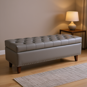 Panca Contenitore Imbottita Grigia con Bottoni, in Pelle PU, Gambe in Legno, Sgabello Moderno Contemporaneo per Soggiorno - Product Image 2
