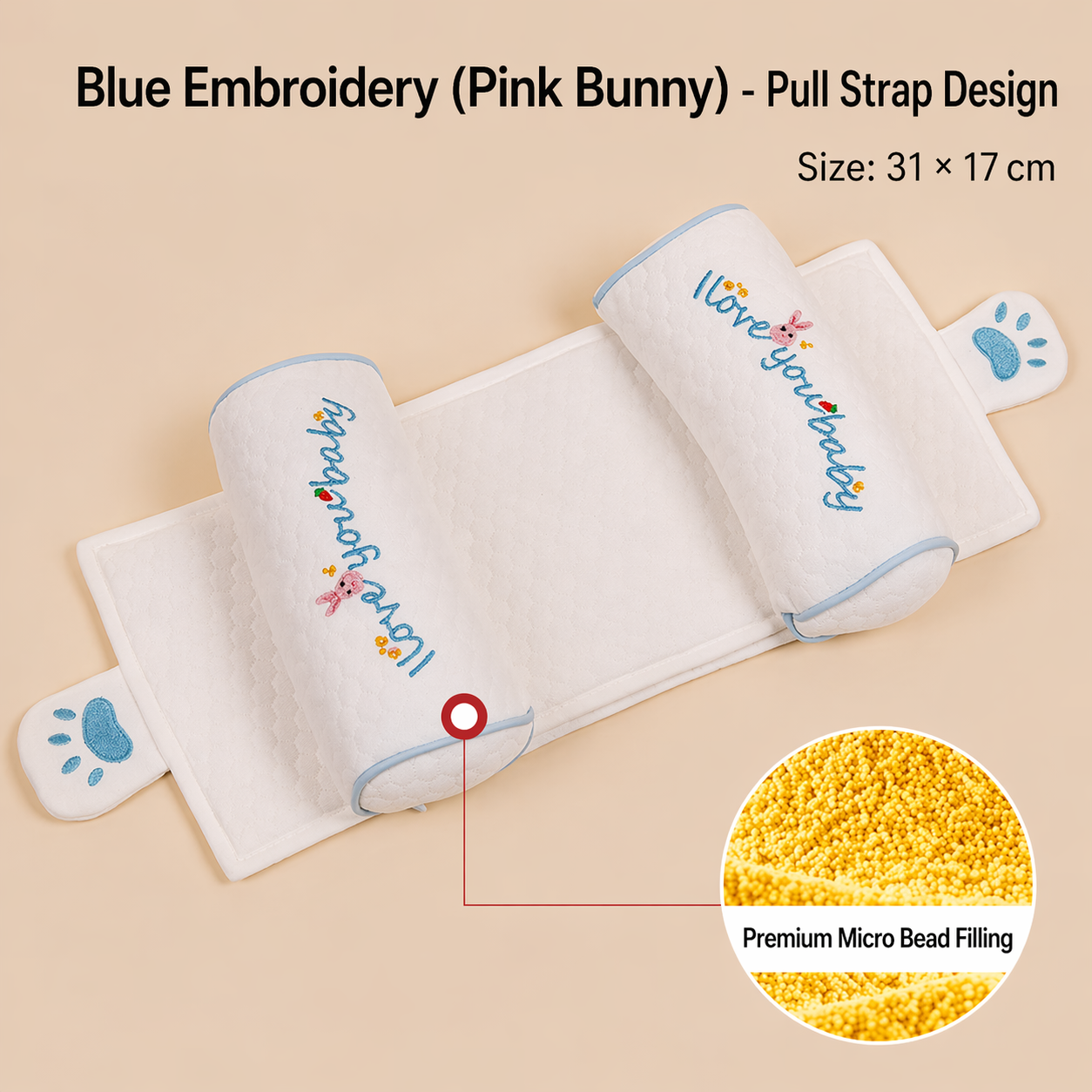 Broderie bleue avec rose (remplissage de millet)