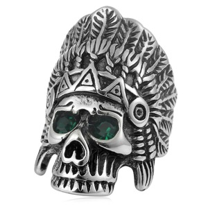 yunnique <b>Skull</b> <b>Ring</b> Stainless Steel Men's Jewelry Indian Chief Headdress Green Gemstone Inlay Fashion <b>Ring</b> Geometric Design Gift - Product Image 1