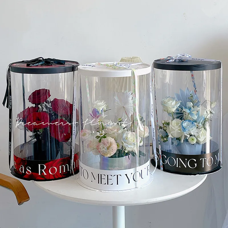 Clear big tall flower floral paper round foldable hat box cylinder round black white for flower bouquet arrangement delivery