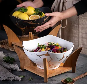 drop shipping Nordic creative fruit salad bowl marble gold grain round bowl tableware ceramic wooden frame irregular large bowl