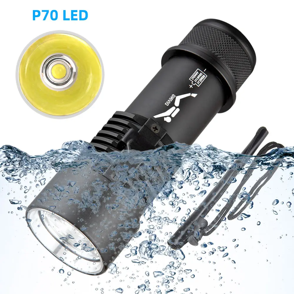 Linterna de luz led para submarinismo, luz profesional superbrillante IPX8, resistente al agua, batería p70 2500, 18650 lúmenes