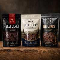 Sachets d'emballage personnalisés pour bœuf séché, qualité alimentaire, haute barrière, anti-humidité, pochettes refermables verticales pour snacks de viande séchée