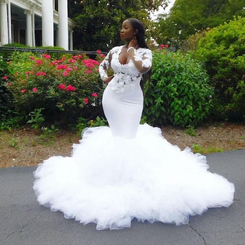 African Mermaid Wedding Dresses Ruffles 3D Lace Appliques Plus Size Wedding  Dress Illusion Long Sleeves Bridal Gowns| Alibaba.com