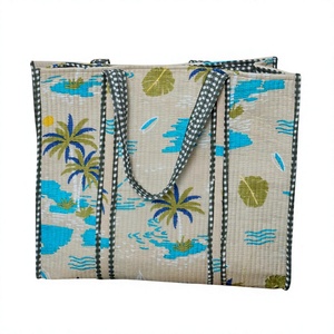 Beach Tote <b>Bag</b> Cotton Large Size Striped Palm Tree Pattern Long Top Handle Exhibition Storage Gift <b>Bag</b> From Rajasthan - Product Image 1