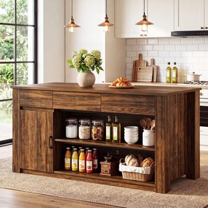 Isla de cocina moderna de madera SENYU con cajones de almacenamiento y estantes para comedor y cocina - Product Image 3
