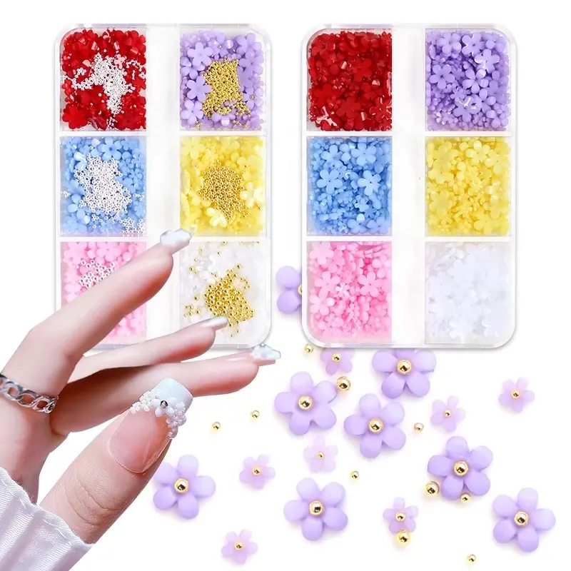 6-Grid Boxed Light-changing Steel Ball Five-petal Flower mixed DIY Nail Art Charm Jewelry Decoration Accessories