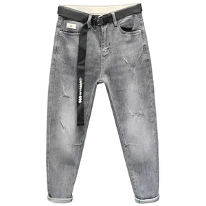 Pantalones vaqueros casuales de mezclilla fina para <span class=keywords><strong>hombre</strong></span>, de cintura alta, con agujeros rotos y bordados, estilo clásico <span class=keywords><strong>vaquero</strong></span>, para <span class=keywords><strong>hombre</strong></span> joven, tipo jogger, de tiro medio. - Product Image 4
