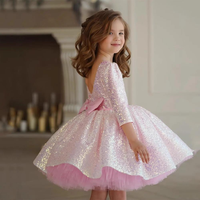 Robe fille été rose col en O manches longues paillettes moelleux maille dentelle mode robes de fête d'anniversaire pour enfants