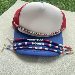 Low MOQ RTS Trucker Caps Chain 4th of July USA Mesh Trucker Hat Chains Hat Jewelry Accessories