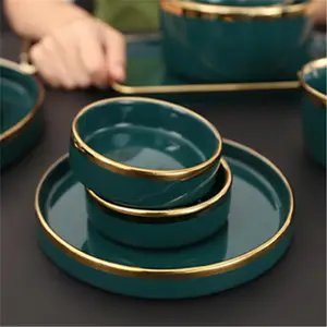 Vaisselle ronde en céramique verte foncé, plat à épices simple en porcelaine, vente en gros
