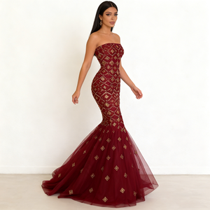 Abiti da Donna <span class=keywords><strong>Bordeaux</strong></span> Senza Spalline con Motivo a Diamante Dorato, Stile Sirena con Strascico in Tulle, Elegante Abito da Sera Formale Aderente in Vita - Product Image 4