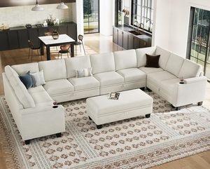 Canapé modulaire en forme de U surdimensionné F&J Home, ensemble de 10 places avec ottoman de rangement et porte-gobelets, en PU, design moderne, blanc, livraison gratuite - Product Image 4