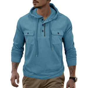 Healy 26-27 <b>Men</b> Drawstring Hoodie 3 Button Placket Double Chest Pocket Soft Cotton Blend Casual Work Long Sleeve <b>Pullover</b> - Product Image 2