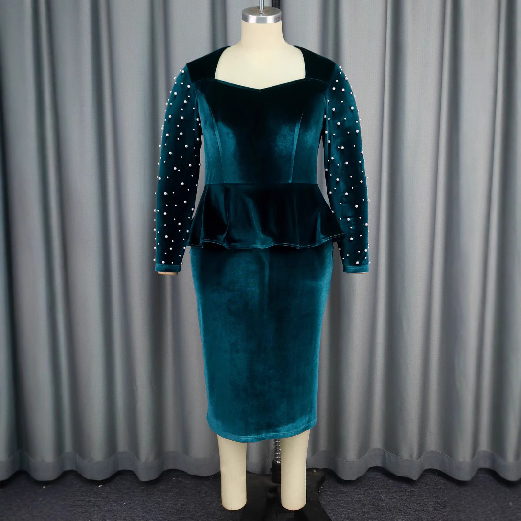 Plus Size Winter Tunic Casual Midi Dress Women Long Sleeve Patchwork Beaded  Ruffled Square Collar Dress| Alibaba.com