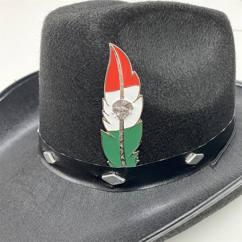 Chapéu de bandeira mexicana personalizado, chapéu de metal com penas, chapéu de cowboy, alfinetes de metal esmaltado macio, venda imperdível