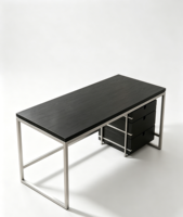 Bureau d'ordinateur industriel moderne avec armoire à 3 tiroirs, plateau en bois noir, structure en métal brossé, pieds ouverts, portable pour bureau à domicile