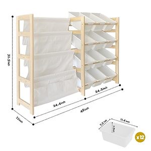 Meubles de rangement de jouets polyvalents sur pied pour enfants 12 bacs de rangement organisateur de rangement de jouets en bois à 4 niveaux étagère en bois - Product Image 2