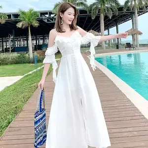 S-XL bãi biển ăn mặc mùa hè dài thời trang Ins thanh lịch ruffles Off Vai backless Sling nữ vestidos Đầm Voan Maxi