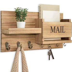 Wooden Mail Organizer Wall <b>Rack</b> With Hooks And <b>Shelf</b> For Keys Coats Storage - Product Image 1