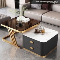 Table basse moderne de style nordique 2026, luxe léger, avec rangement rétractable, structure métallique et plateau en verre trempé, mobilier de salon