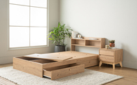 Cadre de lit plateforme simple HIRADO en panneau stratifié écologique, durable et minimaliste, avec tiroirs de rangement intégrés, finition chêne