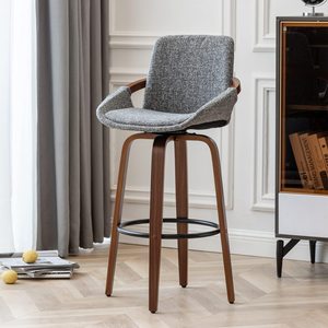 Sillas de <span class=keywords><strong>Bar</strong></span> Estilo Retro Moderno de Mediados de Siglo, Tapizadas en Tela con Aspecto de Lino Gris Carbón, Estructura de Madera de Nogal, para <span class=keywords><strong>Bar</strong></span> en Casa, <span class=keywords><strong>Altura</strong></span> de Barra - Product Image 1