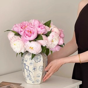 Bouquet de pivoines artificielles en soie rose foncé et blanc, haute simulation, pour décoration de mariage et de maison - Product Image 2