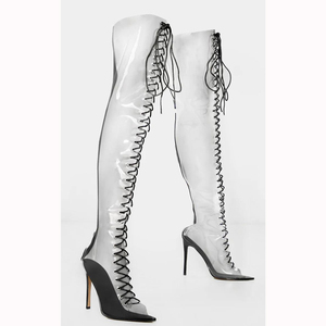 Moda zarif yüksek topuk uyluk yüksek Lace Up çizmeler şeffaf özel tasarım dayanıklı şeffaf çizmeler kadın - Product Image 2