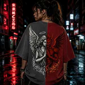 Camiseta de manga corta oversize con estampado personalizado de ángel y demonio, estilo urbano para hombre, cuello redondo, jersey de algodón. - Product Image 1