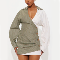 Robe chemise mini rayée à col en V sur mesure, boutonnée, plissée, en coton contrastant, ajustée, sexy et élégante pour femme – Vente en gros