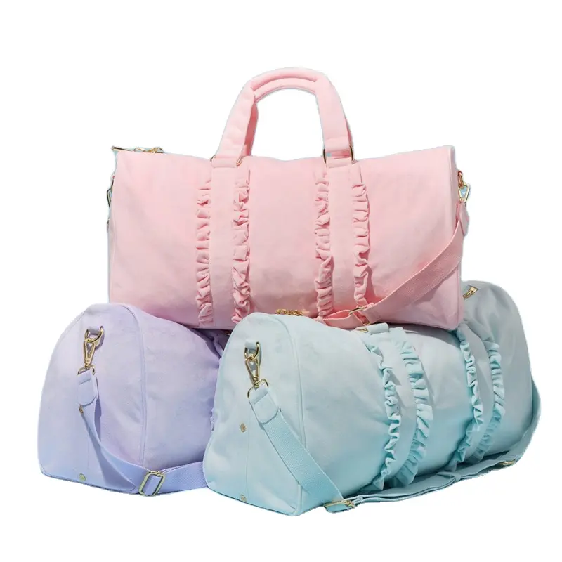 Weekender-Bolso de lujo con volantes personalizados para mujer, bolsa de terciopelo rosa, de viaje, venta al por mayor