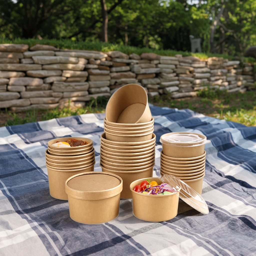 Custom Disposable Biodegradable Kraft Paper Snack Salad Cup Noodle Packaging Food Grade Hot Paper Plates Bowls Lids Sushi