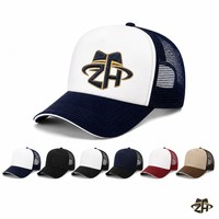 Casquette de baseball unisexe style trucker, dos en maille, devant en mousse, visière incurvée, six panneaux, réglable, blanc et bleu marine, vente en gros