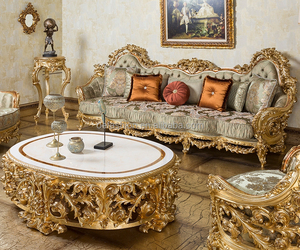 Sofá clásico de lujo para sala de estar, mueble Dorado con hoja dorada, OE-FASHION - Product Image 4