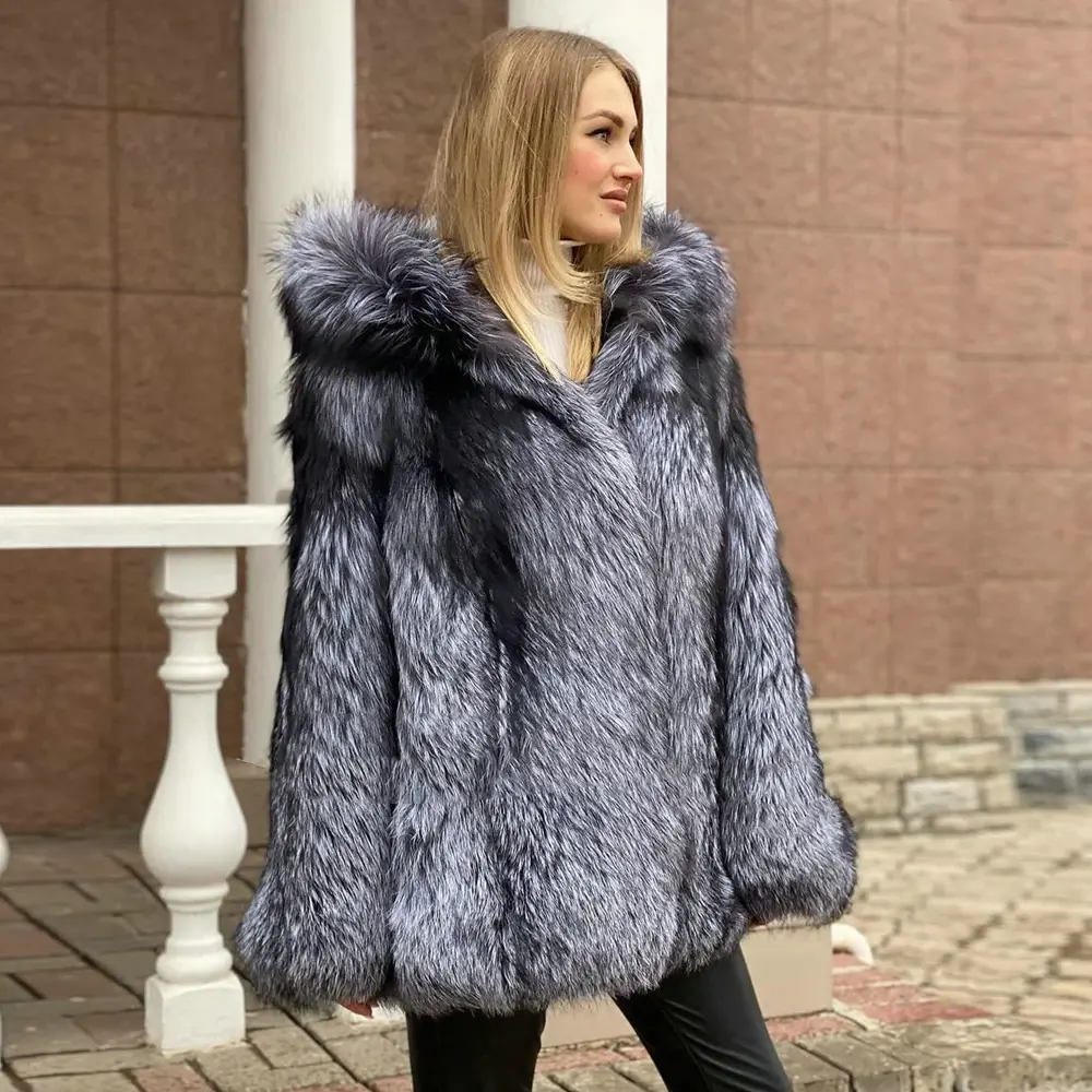 सर्दियों के फैशन प्राकृतिक चांदी के लोमड़ी फर जैकेट, हुड मोटी गर्म सर्दियों फर ओवरकोट महिला वास्तविक चांदी के लोमड़ी फर कोट 2023