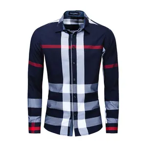 Casual Plaid Mens Camicia A Maniche Lunghe Slim Fit Shirt 100% Cotone Camicie Da Lavoro personalizzato