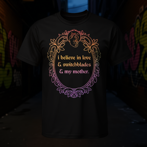 Camiseta I Believe In Love Switchblades My Mother, negra, unisex, para adultos, cuello redondo, manga corta, serigrafía - Product Image 3