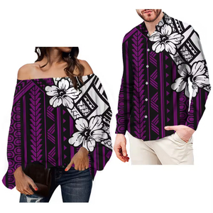 Chemise à manches longues pour <span class=keywords><strong>femme</strong></span>, motif de <span class=keywords><strong>tatouage</strong></span> tribal polynésien à fleurs hawaïennes, chemise en mousseline décontractée, chemise de couple - Product Image 1