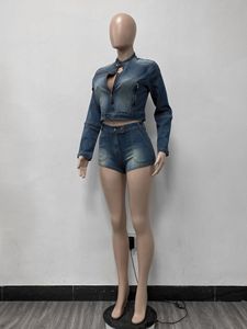 Femmes printemps vêtements 2024 nouvelle mode femmes Denim deux pièces ensembles <span class=keywords><strong>Petite</strong></span> 2 pièces court Jean veste ensemble - Product Image 4