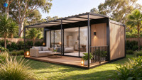 Maison préfabriquée en conteneur, maisonnette indépendante, maison modulaire moderne avec terrasse pour maison d'hôtes dans la cour, marché australien