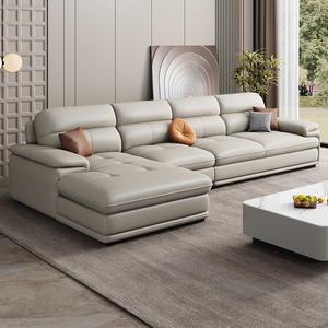 Canapé d'angle en cuir véritable pleine fleur de style nordique moderne, ensemble de canapés modulaires simples pour salon avec chaise longue gauche ou droite - Product Image 1